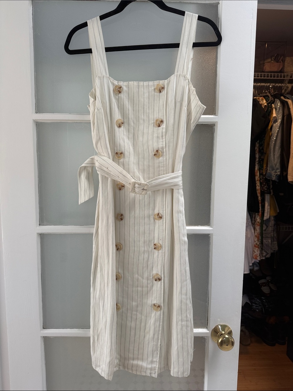 Reformation Cream Pinstripe Button-Front Midi Dress with Belt